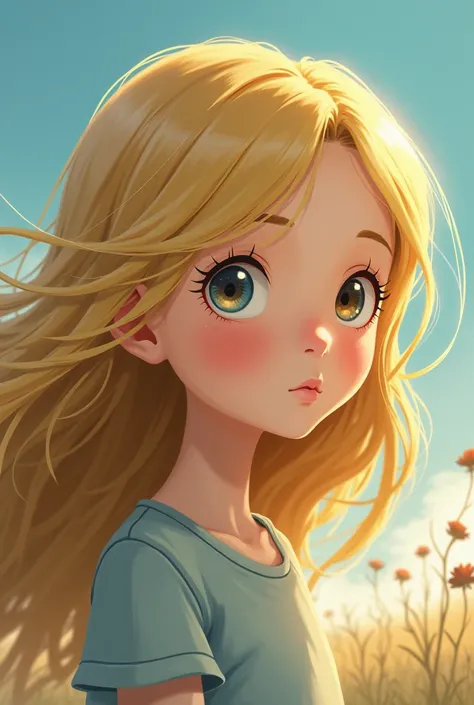 Studio ghibli art style, girl, blond hair, blue and brown eyes,