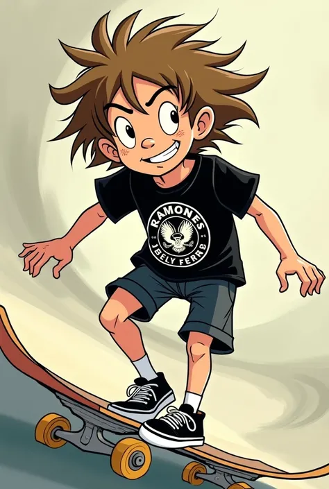  boy, strong and striking face ,  smiling,  with light brown hair stretched to the middle of the back , with black van sneakers , black shorts,  black t-shirt with the big Ramones band symbol in white in the middle of the chest,  going down a skate slope ....