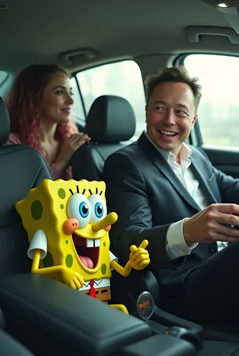 
Elon Musk and SpongeBob are gassing in the car and some girl is sitting in the back of the car and SpongeBob is smoking