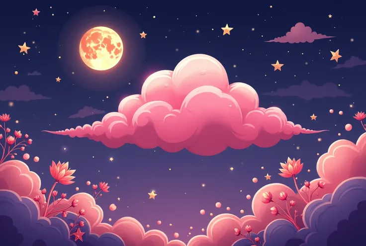 Pink Cloud、Purple night sky、Decoration、 illustrations、Lots of big stars 、Big Moon、A cute image、 Art Nouveau, 