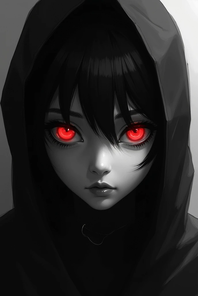 Black and white image of a mc character with red eyes 