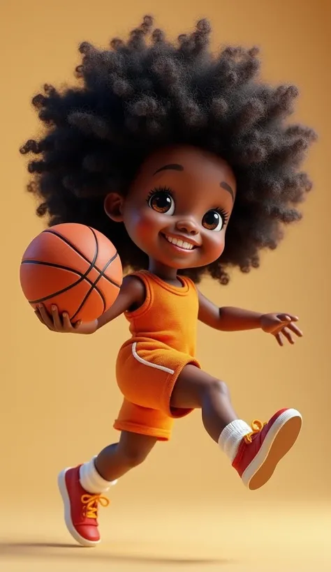 A black doll with afro hair, a  playing basketball  happily