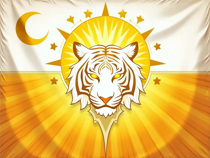 "Design a flag with the following elements that represent a powerful and spiritually advanced civilization:

Top Left Corner:

A gold crescent moon, symbolizing the nation’s spiritual connection to the night sky and the ancient celestial wisdom.
Seven gold...