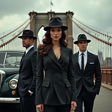 A powerful mafia woman leader flanked by loyal gang members, all wearing sleek suits and classic hats, standing confidently in front of the Brooklyn Bridge under a cloudy sky, with a vintage car parked nearby.