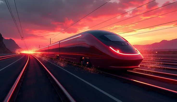 Design a high-energy, eye-catching image of the fastest train in the world. The train should look incredibly fast, almost blurring as it speeds along a futuristic track. Use vivid lighting to highlight the sleek, reflective surface of the train, which glea...