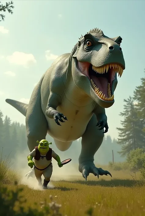 A giganotosaurus chasing a padel player disguised as Shrek 