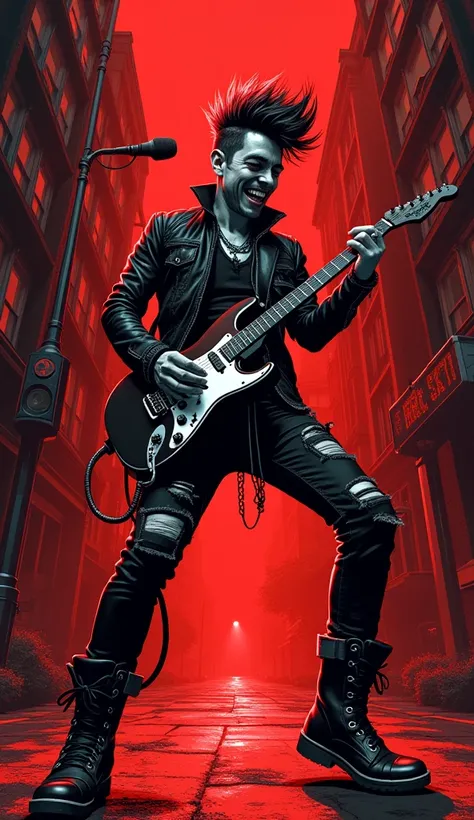 Hyperrealistic red and black ink illustration of a punk , punk haircut, punk outfit, playing electric guitar very happily on a dark street. Sarcastic image, super resolution, super quality, volumetric lights.
