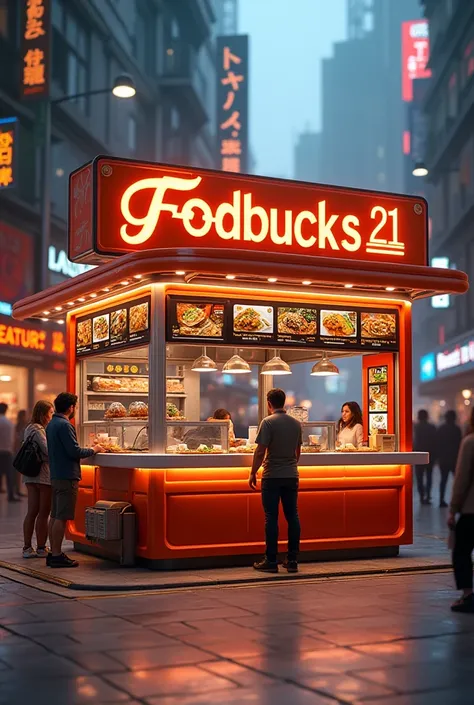 Create an image of Modern food stall named FoodBucks with stall number 21 