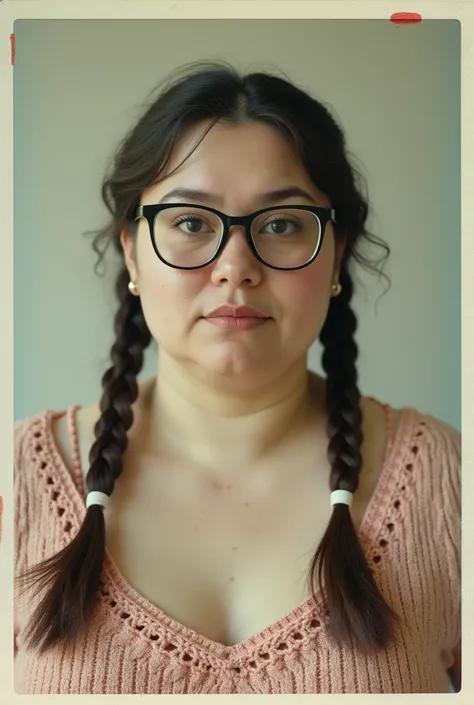 Woman, Polaroid, average face, 35 years old, Twintails, acne, glasses, obese body, crotchet clothes, braces