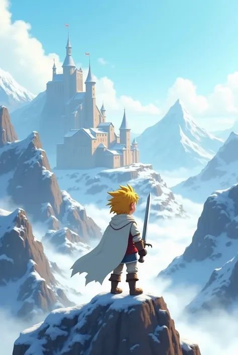 Create a cartoon image of a blond boy ,  with white armor on just a few parts of his body ,  holding a sword,  on top of the mountain looking at a snowy kingdom on the horizon, no meio de um valley, Between two mountains, The image is a backshot 