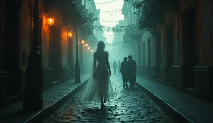 A hauntingly beautiful scene of a ghostly figure wandering through the cobblestone streets of Mexico City at twilight, with soft glowing lights from nearby buildings illuminating her silhouette