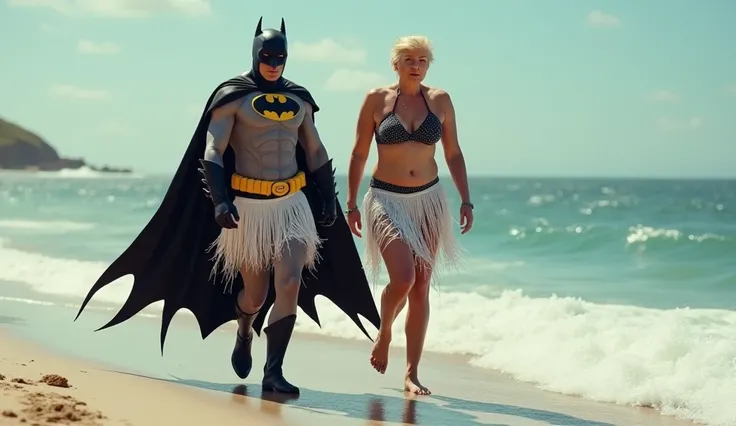 Batman and Trump are wearing white and black womens skirts and bikinis and are walking on the beach