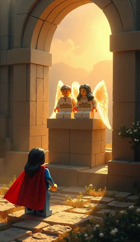 Superman e Batman em arte lego, noite"A celestial scene depicting the empty tomb at dawn, with the golden light of the rising sun illuminating the sky. The tombs large stone is rolled aside, revealing the empty entrance, while two ethereal-looking angels s...