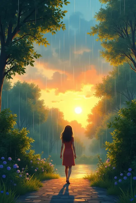  Create an animated image to draw from the following text .  Lucia a girl walking to her house , looking at the sky that begins to clear .  Raindrops fall softly ,  and the trees in the garden seem to have been reborn with calm.  The sun begins to rise beh...