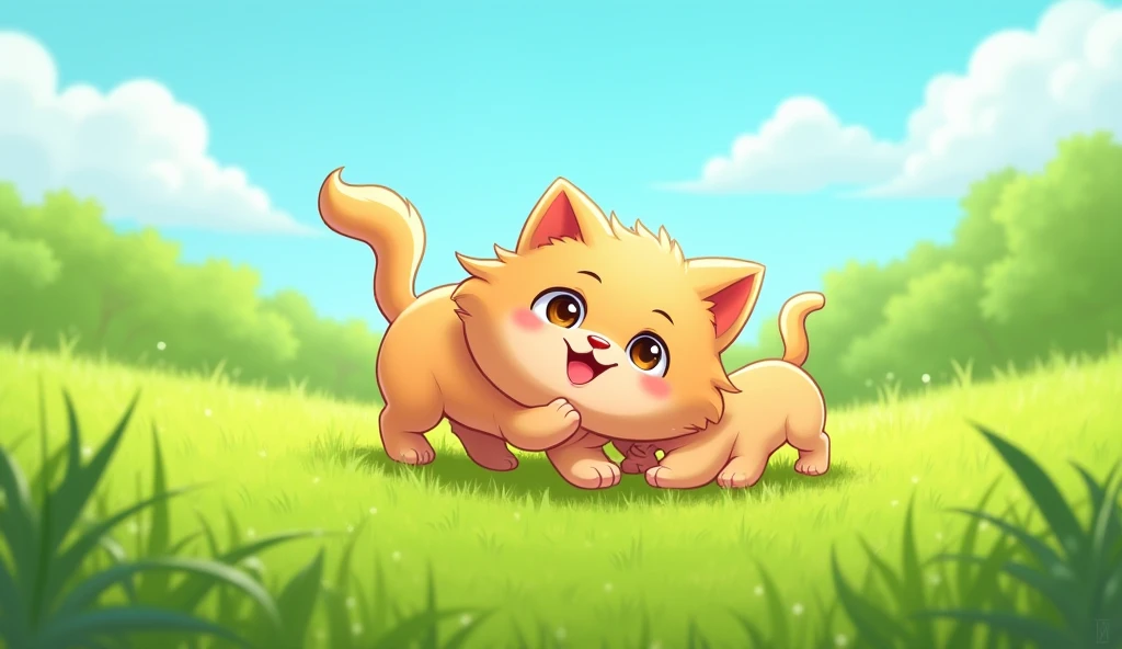 a cartoon image of  kitty and puppy Rolling in the grassy green,
Laughing loud