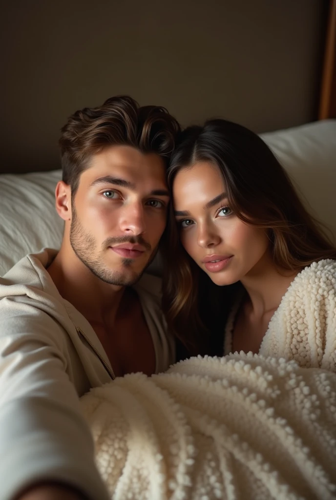 a 20 year old man take selfiewith short hair was with a 29 year old woman on the bed, masterpiece, suoer high quality, 