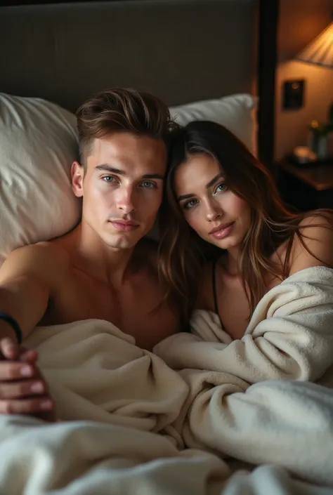 a 20 year old man take selfiewith short hair was with a 29 year old woman on the bed, masterpiece, suoer high quality, 