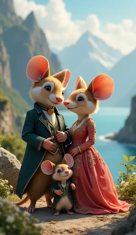 Make a anthropomorphic mouse family male female and daughter they face looks like animals sitting like human and wearing luxury cloth stand in mountain hear by sea