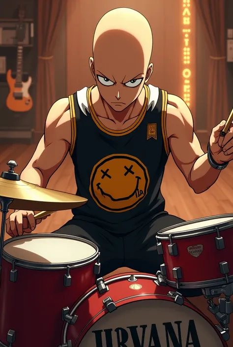  Saitama from One Punch Man playing drums in a room wearing a black jersey by the rock band Nirvana, an open image depicting him and the full-length drummer 