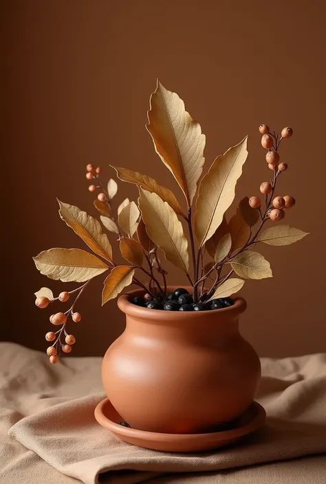 A photograph of dried, brownish leaves and small, dark berries in a terracotta pot placed on a brown cloth, against a warm, muted brown background. The leaves have a textured, papery appearance, and the pot has a smooth, matte finish. The lighting is soft ...