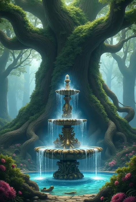 Create the image of a magic fountain along with a giant tree 