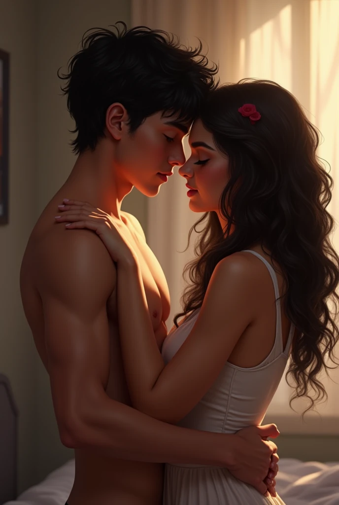 Brunette girl with curly black hair with a guy cuddling 