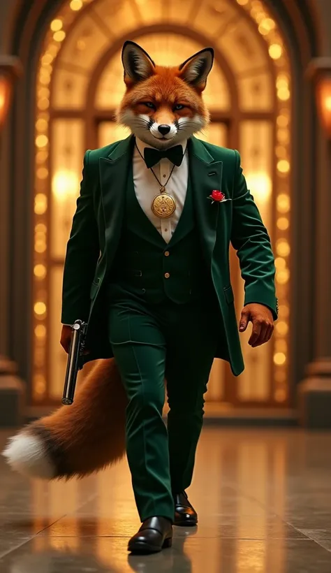 A sly red fox with a sly grin, dressed in a dark green velvet suit with a gold pocket watch chain. His bushy tail sways behind him as he walks toward the camera with confident steps. In one hand, he carries a sleek revolver, and the other adjusts his silk ...