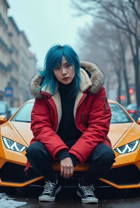  giving a cool pose on the Lamborghini, day time , winter clothes, luxury everyday clothes, clothes flying, for head to knees pose , cool Korean face, blue eyes absurdle long hair, hair covering the car, blue hair, short hair