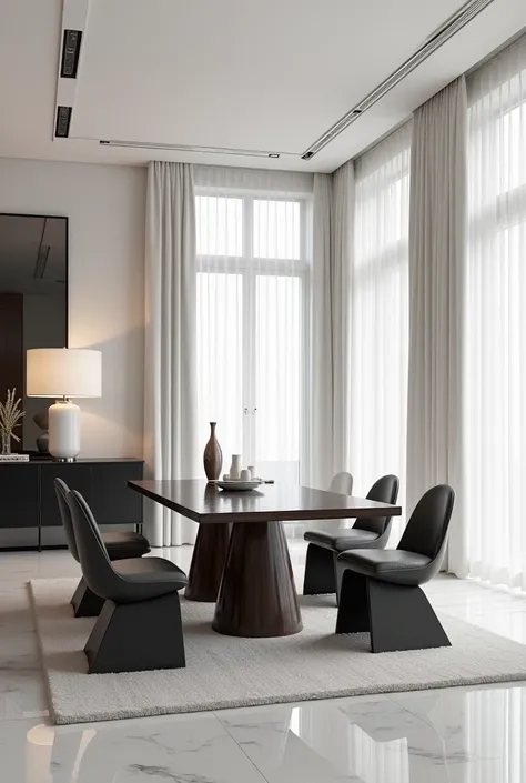 PROFESSIONAL ARCHITECTURAL 3D RENDERING OF THE INTERIOR DESIGN OF A VERY MODERN AND VERY MINIMALIST AND STYLISH  Dining ROOM WITH MODERN AND STYLISH AND MINIMALIST FURNITURE IN GLOSSY dark mahogany AND MORE EXPENSIVE AND GLOSSY VELVET AND CURTAINS MADE OF ...