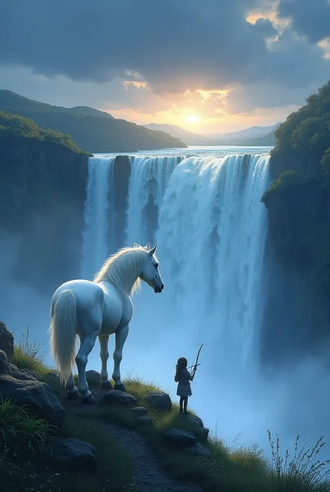 Diano Twilight . we see a beautiful white horse looking at the waterfall.  Xayin tries to catch him with a bow.  in the background we see a region of Sanana ,  with a beautiful waterfall far away. On the horizon, dark rain clouds.  