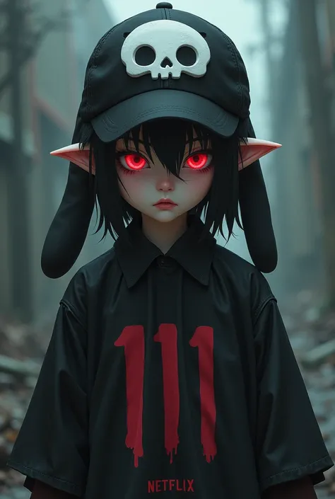  creates an image of the character Kuromi from Sanrio , his skull cap ,  long ears and a Squid Game uniform number 111