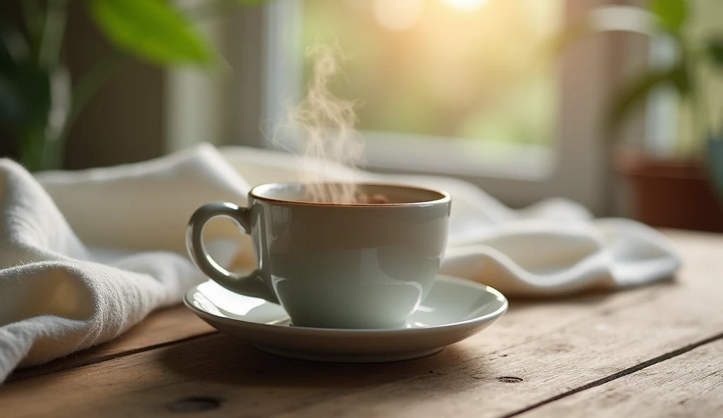 A close-up image of a steaming cup of coffee or tea, placed on a wooden surface, with intricate textures like the grain of the wood and the smooth ceramic of the cup. The background shows soft, blurred elements of natural light and gentle fabrics. The scen...