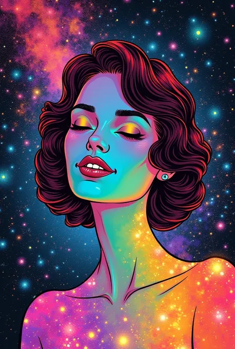 60s comic book illustration in the style of Jack Kirby,  outline of a humanoid woman filled with rainbow light, eyes closed, slight smile, floating peacefully through a vibrant, colorful, swirling outer space galaxy filled with neon light