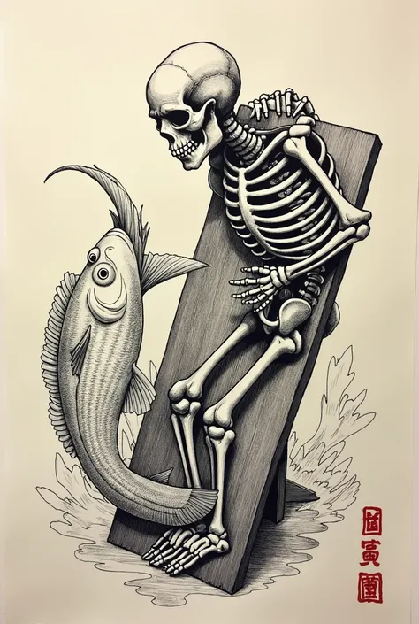 there is a painting of a skeleton and a fish on a board, an ink drawing inspired by Kawanabe Kyōsai, reddit, ukiyo-e, wip, added detail, pencile and ink, ink outlines, ink under drawing, intricate ink painting, work in progress, intricate ink painting deta...