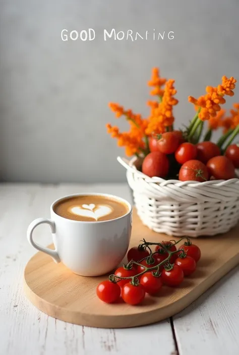 Good morning blessing, a light brown oval shaped wooden board, a strand of cherry tomatoes on right, heart shaped coffee in white mug on left, blueberry yogurt, orange coronations flowers in a white ratten basket with a strand of cherry tomato inside, both...