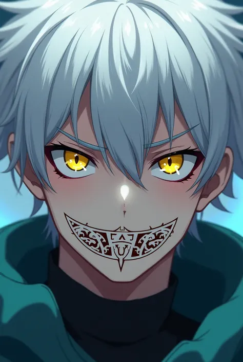  17-year-old boy , Yellow-eyed white-haired anime style with arcane runic marks around the mouth Jujutsu Kaisen style. 