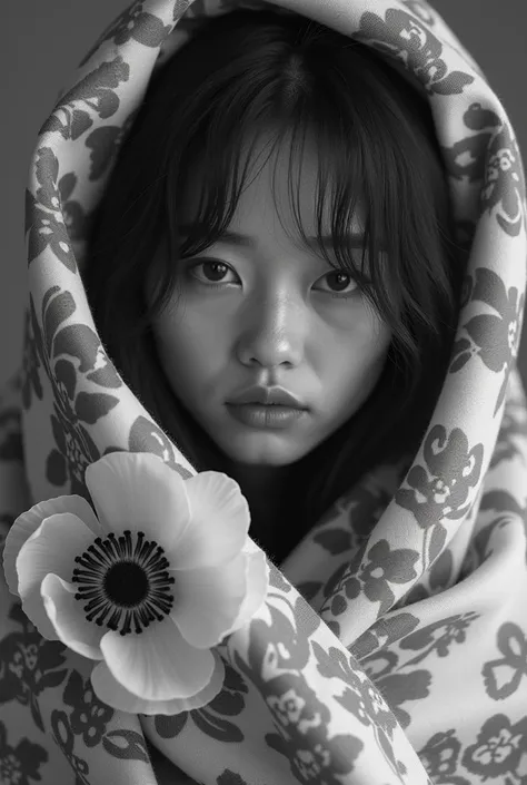 
 a close up of a European woman wrapped in a blanket with flowers,  a black and white photo inspired by Louisa Matthíasdóttir , tumblr, On art,  covered with a blanket ,  designed for a cozy aesthetic !, eiko ishioka, Gemma Chen,  in the style of Alasdair...