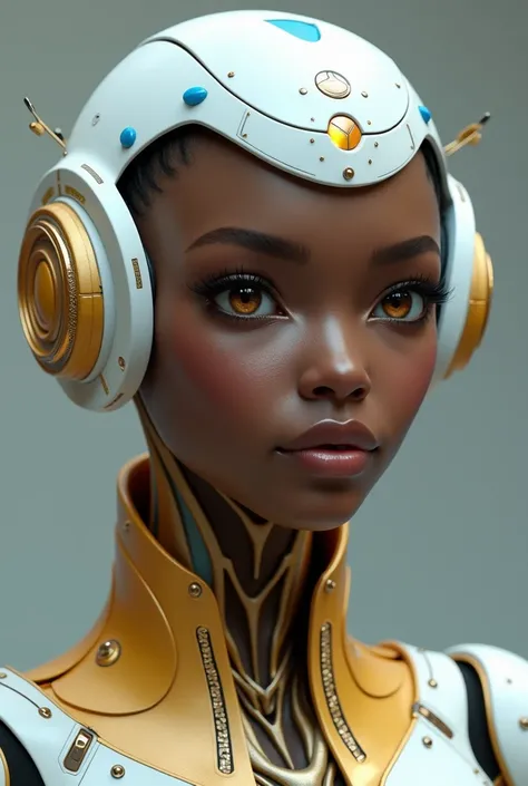 A close-up of a very beautiful African American robotic or cybernetic entity. She has a serene and kind expression. The entity has a white helmet with intricate details, including a blue light and gold embellishments. The head is adorned with a circular go...