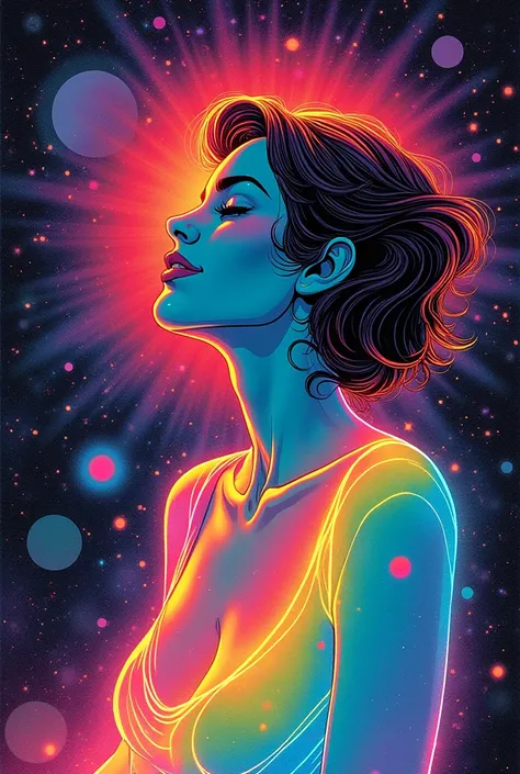 60s comic book illustration in the style of Jack Kirby,  outline of a humanoid woman filled with rainbow light, eyes closed, slight smile, floating peacefully through a vibrant, colorful, swirling outer space galaxy filled with neon light