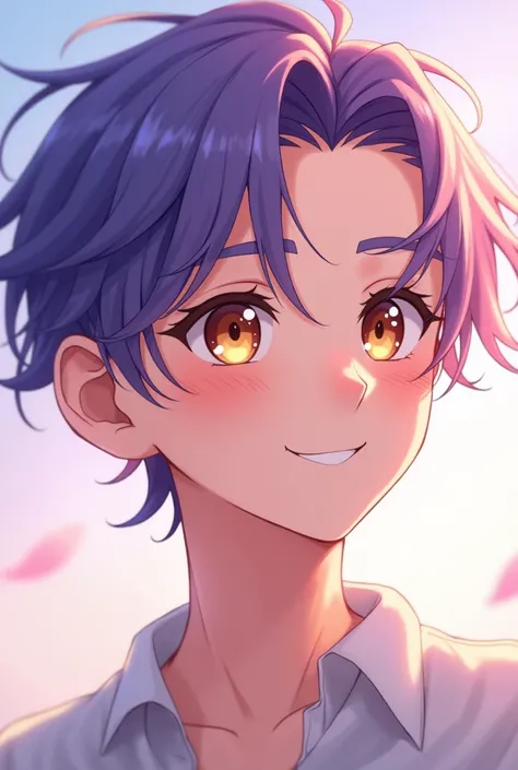 Cute anime guy with purple hair and brown eyes 