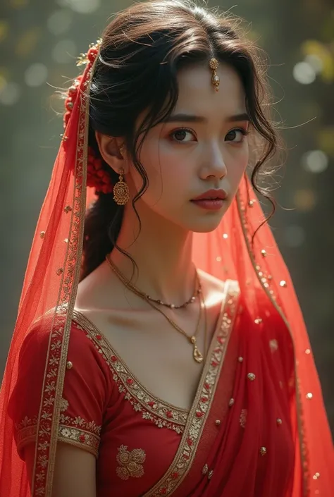 (photorealism:1.2), ((best quality)), ((masterpiece)), (detailed), A stunningly ethereal young woman adorned in a graceful thin red net saree, deep neck blouse, mehendi, her fair and milky white skin glowing with an otherworldly beauty. The hyper-realistic...