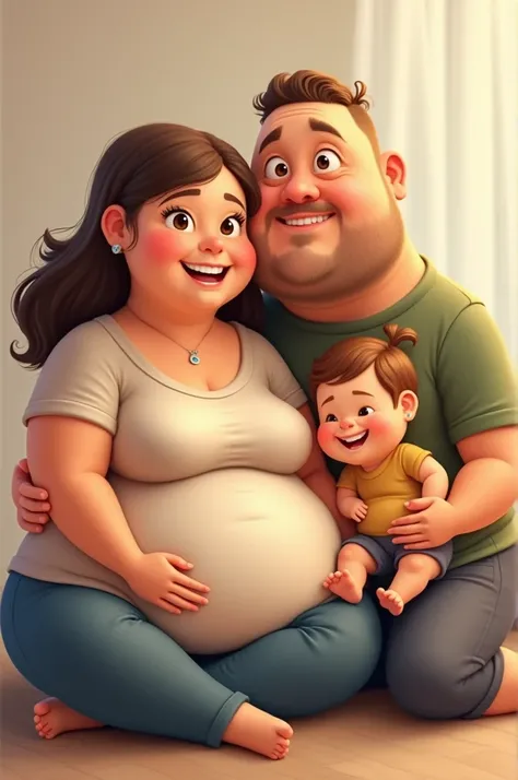 A family, a fat woman with a double chin, a good-looking, chubby three-year-old girl and a fat man. 