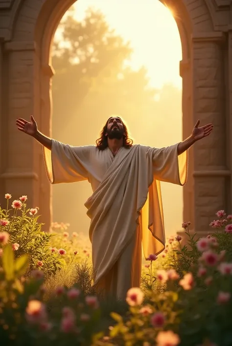 Jesus of Nazareth, portrayed as a resurrected figure radiating light and hope, during the first century, dressed in a white robe symbolizing purity, in a tranquil garden setting at dawn, rising from the tomb with arms outstretched in victory over death, wi...