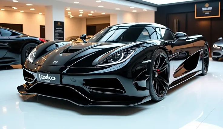 Front right side view of painted black with shiny clour 2025   Koenigsegg jesko  sleek in large shape sedan in large size with Koenigsegg logo on its large detailed grille in shiny white clour with angular sporty design captured from close front right side...