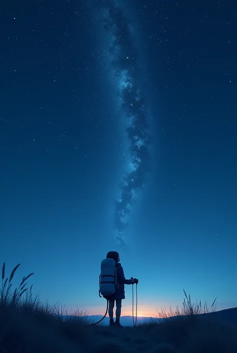  Creates a book cover :
 An infinite night sky ,  dyed in deep blue and dotted with bright stars ,  forms the background of the cover . Above the Hill ,   a girl is standing with your oxygen tank connected,  looking up to the sky with a camera in her hand ...