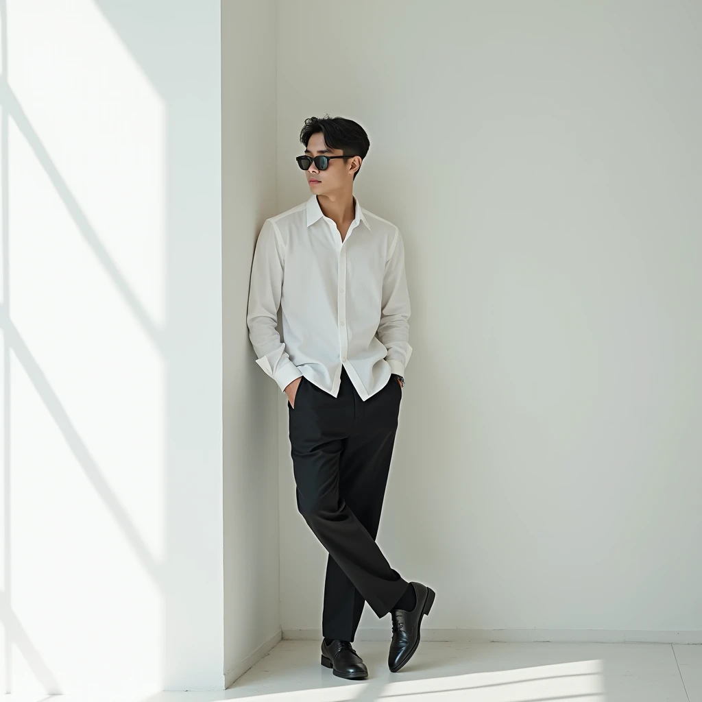 A full-body shot of a handsome indonesian young man standing in a minimalist white room. He leans his shoulder against a pristine white wall, his hands casually tucked into the pockets of his pants. The photo is taken from the side, capturing his entire si...