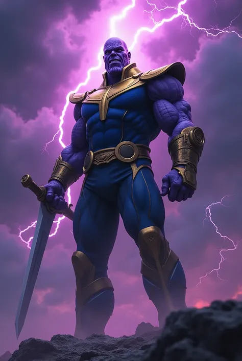 angry thanos holding sword and mobile phone against background of dark clouds and purple lightning