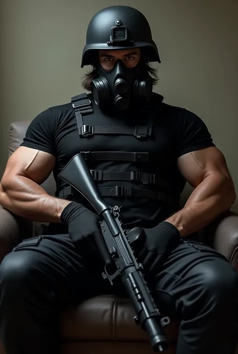  A muscular man in a black military suit , with full black gas mask and black military helmet, slightly long black hair ,  sitting on a couch with a gun .