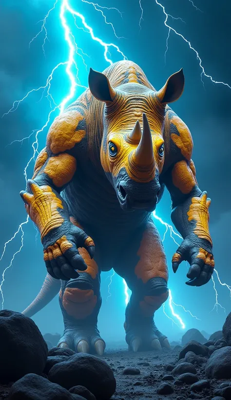 The bright yellow fluorescent rhino and the neon blue fluorescent snake turn into a giant monster and the giant monster walks forward and lighting strikes in the background