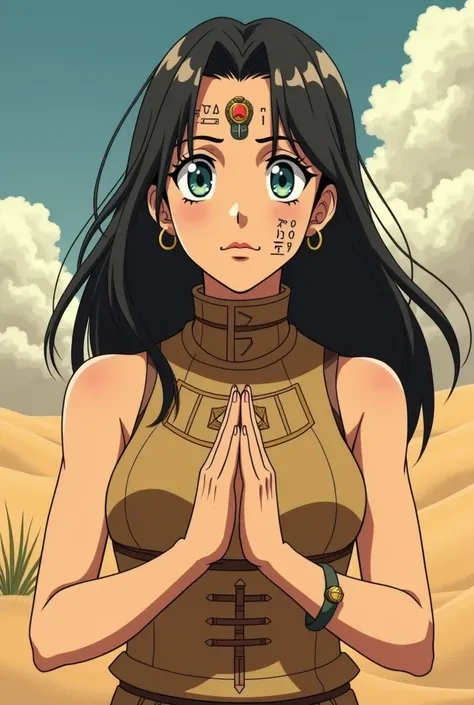  Create a picture in the 90s anime style of a Bene Gesserite . She has glyphic writing tattooed on her face ,  is in the desert and wears a sand-colored Bene Gesserite waistcoat .  She has slightly blue eyes and hands are praying in front of her body 